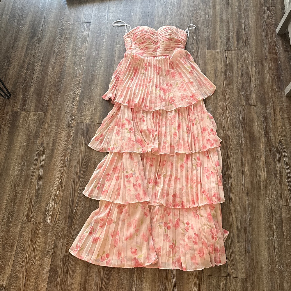 Strapless Pink Floral Tiered Maxi Dress